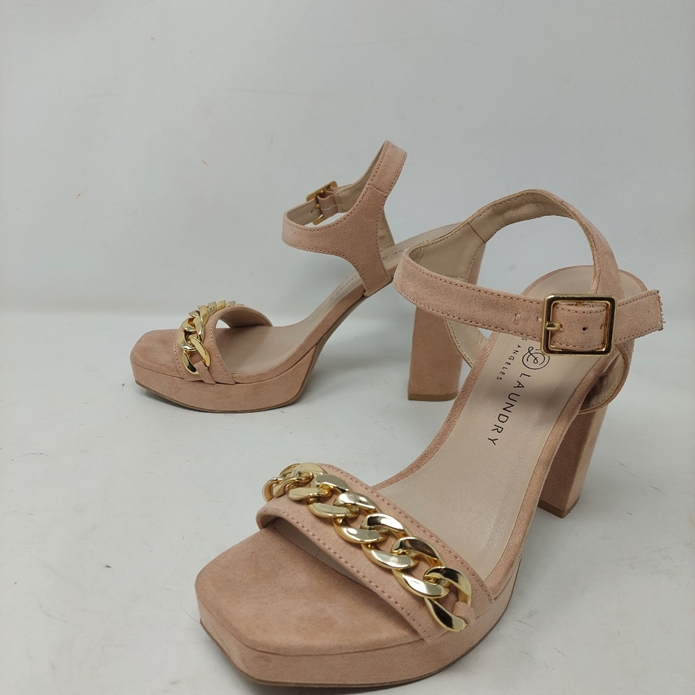 Chinese Laundry Blush Pink Gold Chain Block High Heel Sandal Faux Suede Size 8